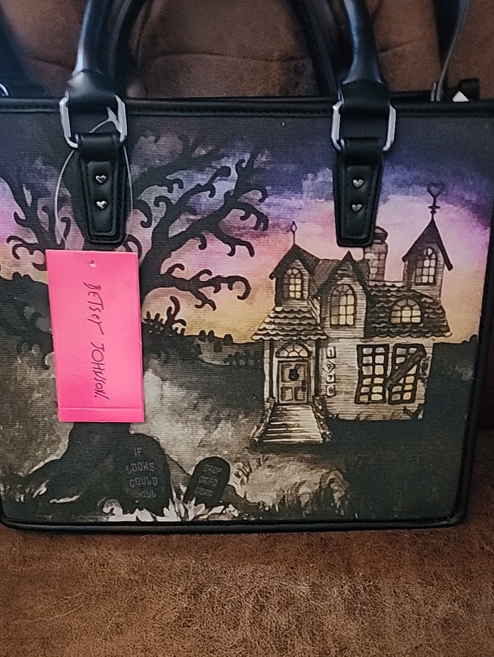 Betsey Johnson Haunted House Tote in Black with Pink Accent